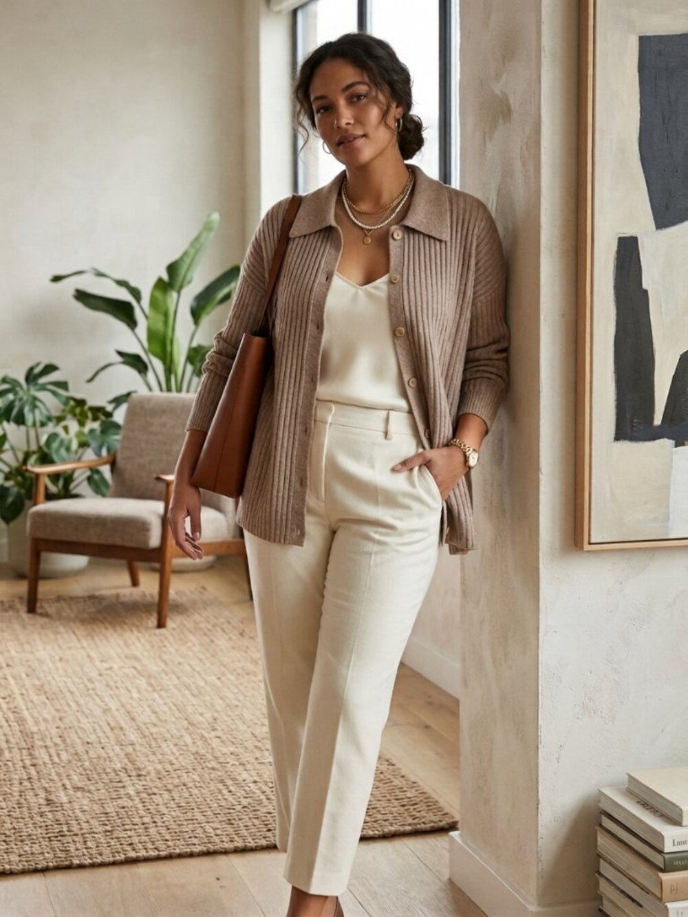 Quince 100% Cashmere Wide-Rib Oversized Collared Cardigan Large Oatmeal Luxury